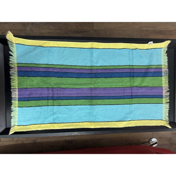 VTG Peqout Striped Towel 60s 70s USA Green Purple Blue Retro Fringe Mod Hippie - Picture 2 of 7